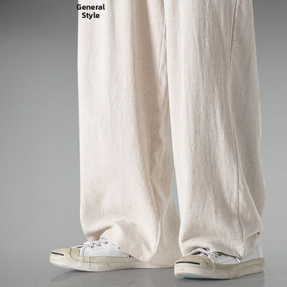 Summer Large Size Linen Cotton Wide Leg Pants Men Casual Comfortable Loose Fit Straight Leg Trousers Long Pants