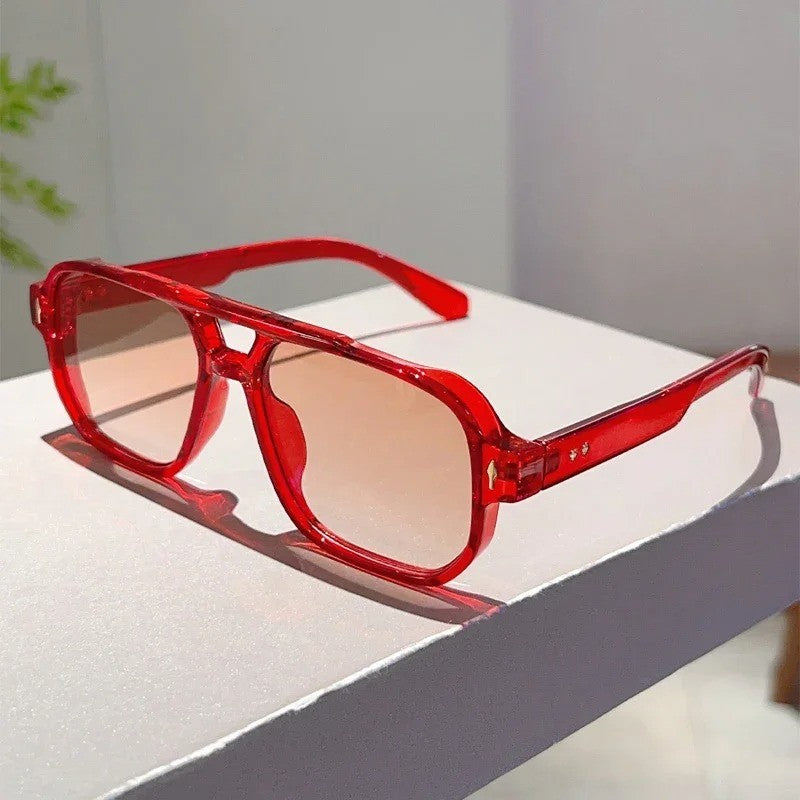 Óculos de Sol Quadrados Masculinos Vintage com Dupla Ponte, Lentes Oceânicas Verdes Modernas UV400, Óculos Femininos com Rebites da Moda