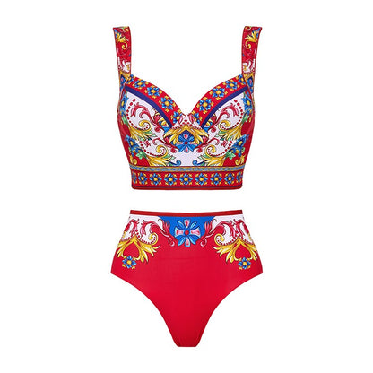 2024 Vintage Pattern Printed One Piece Swimsuit Swimwear Bikini Set Women Beachwear Clearance Wholesale