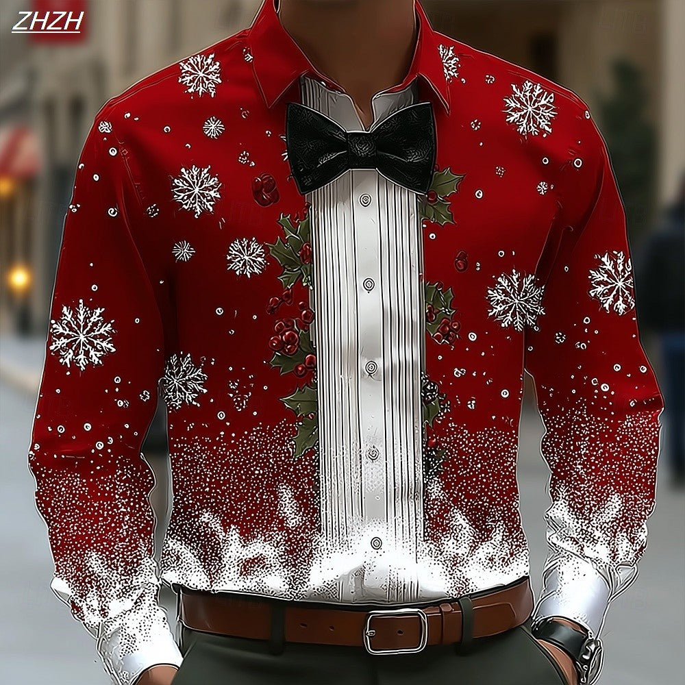 2025 Men's Christmas Snowflake Formal Shirt, 3D Printed Tie Design,Elegant Tuxedo Style,Holiday Party Wedding Attire,Spring Wear
