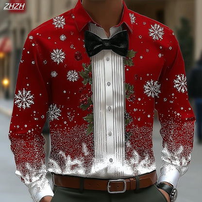 2025 Men's Christmas Snowflake Formal Shirt, 3D Printed Tie Design,Elegant Tuxedo Style,Holiday Party Wedding Attire,Spring Wear