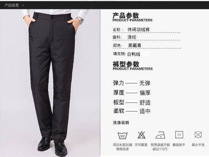 Mens Duck Down Padded Pants High Waist Men's Winter Business Pants Warm White Duck Down Padded Trousers Male Black PT-406