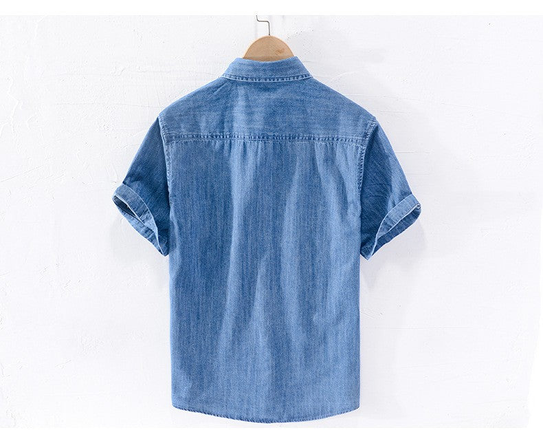 Men Denim Shirt , Thin Summer Half Sleeve Casual Top, Loose Trendy Handsome Short Sleeve ?Camping Denim Short Sleeve Jacket