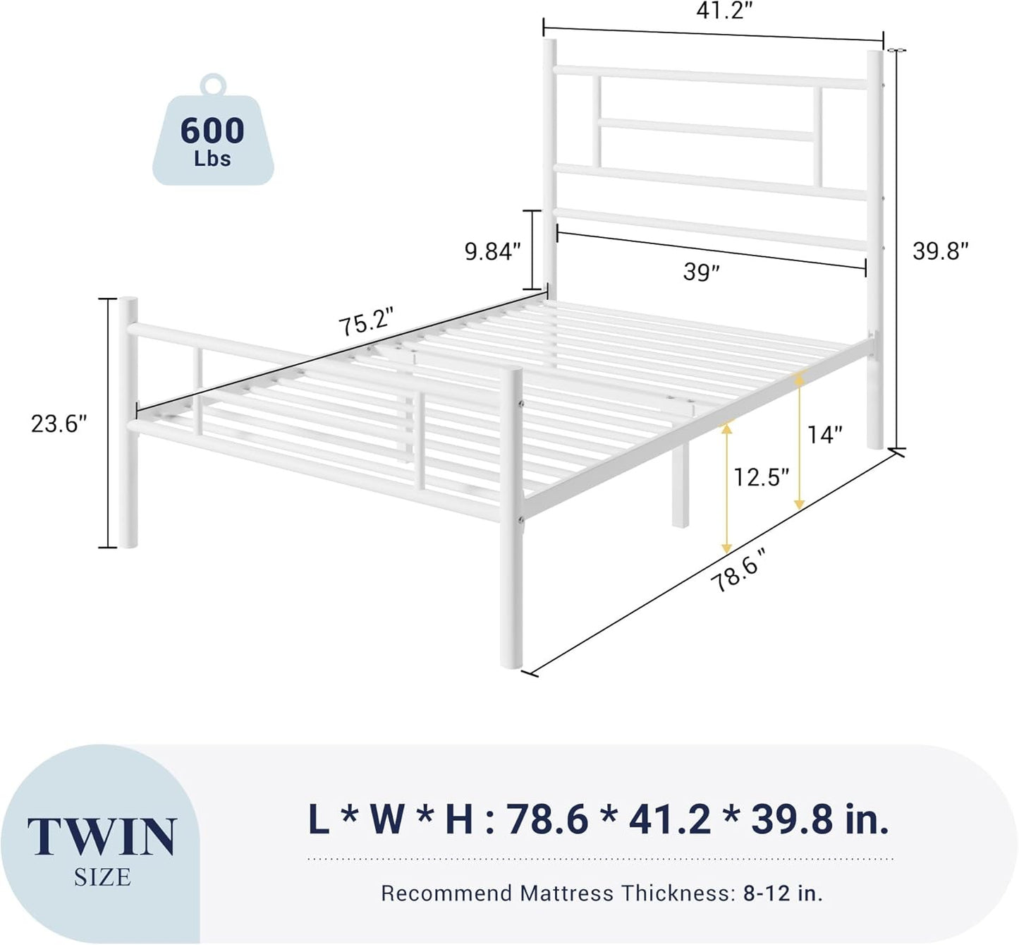 Estrutura de Cama de Plataforma de Metal Tamanho Twin de 14 Polegadas com Cabeceira e Peseira, Armazenamento Embaixo da Cama, Forte Suporte de Ripas de Metal, M