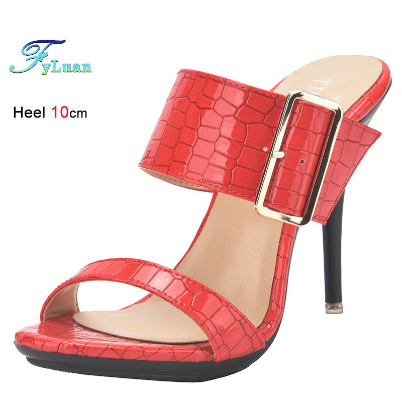 New Summer Buckle Strap Outside Women Slipper  Open Toe High Heeled 10CM Women's Sandals Thin Heels Neutral Slippers Party Pumps