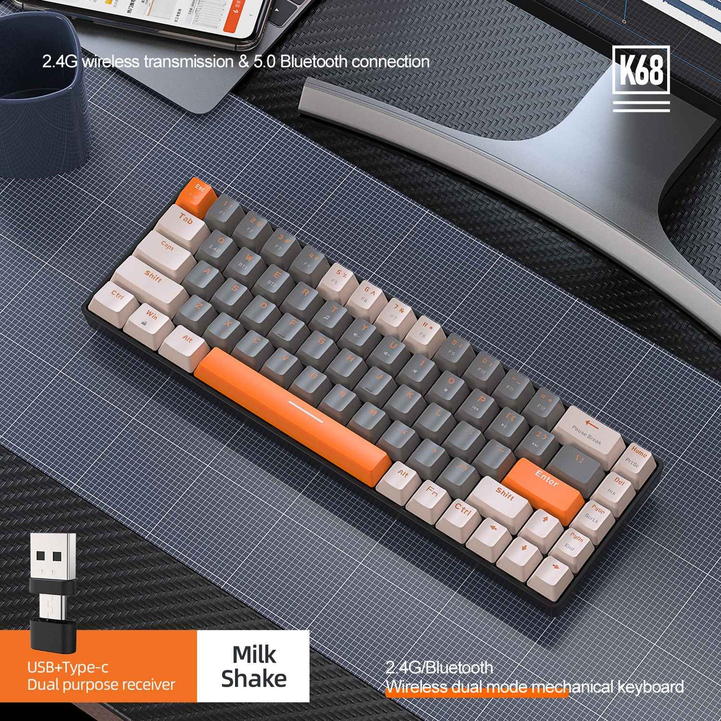 K68 60%  Wireless Mechanical Keyboard ,Bluetooth Dual Mode,Hot-Swappable Mini 68-Key Red Switch for PC iPhone iPad,K68 Keyboard