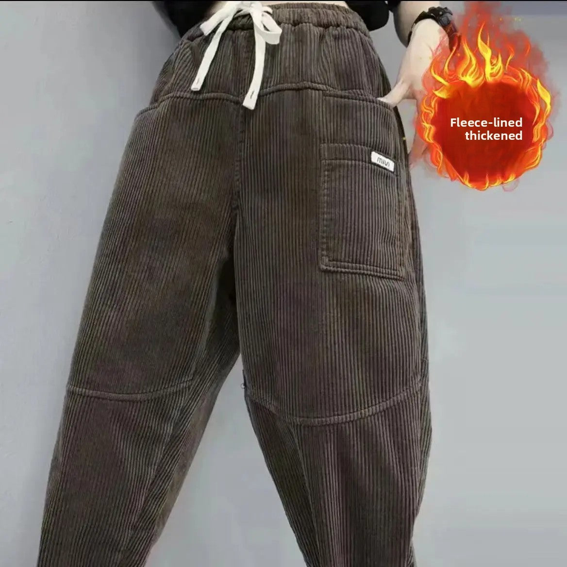 Thickened Fleece Lined Corduroy Harlan Pants Winter New Fashion Long Trousers Elastic Waist Loose Versatile Trendy Women's Cloth