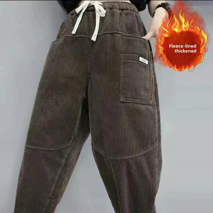 Thickened Fleece Lined Corduroy Harlan Pants Winter New Fashion Long Trousers Elastic Waist Loose Versatile Trendy Women's Cloth