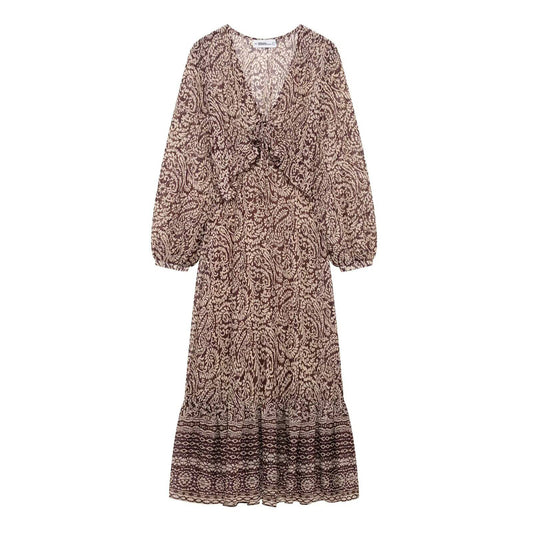 2025 Spring New Product Women's Stacked Decorative Printed V-neck Midi Dress Fas