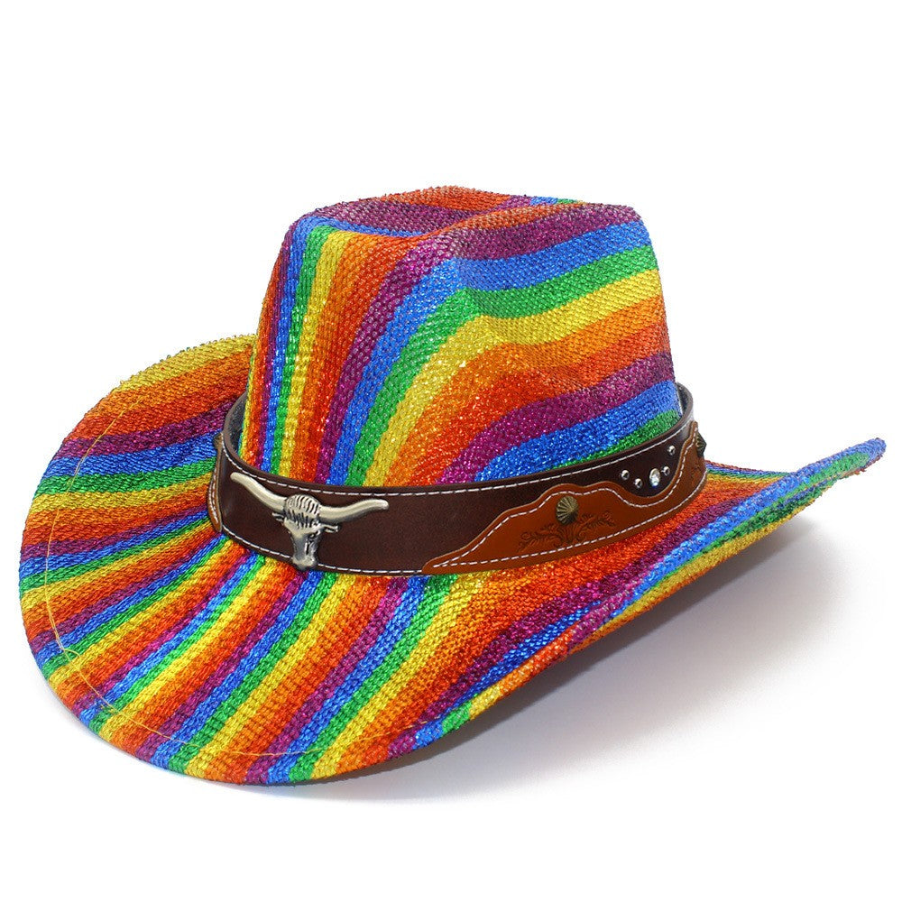Chapéu Fedora Estampado Listrado para Homens e Mulheres, Chapéu de Cowboy Cowgirl com Aba Larga Enrolada Ocidental de Pano Bronzeador para Festas de Halloween