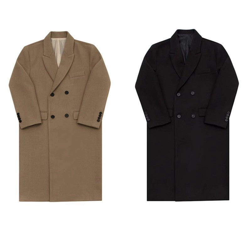 Mauroicardi Autumn Winter Long Warm Camel Black Woolen Coat Men Double Breasted Korean Style Wool Blends Overcoat with Back Slit