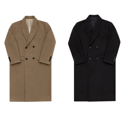 Mauroicardi Autumn Winter Long Warm Camel Black Woolen Coat Men Double Breasted Korean Style Wool Blends Overcoat with Back Slit