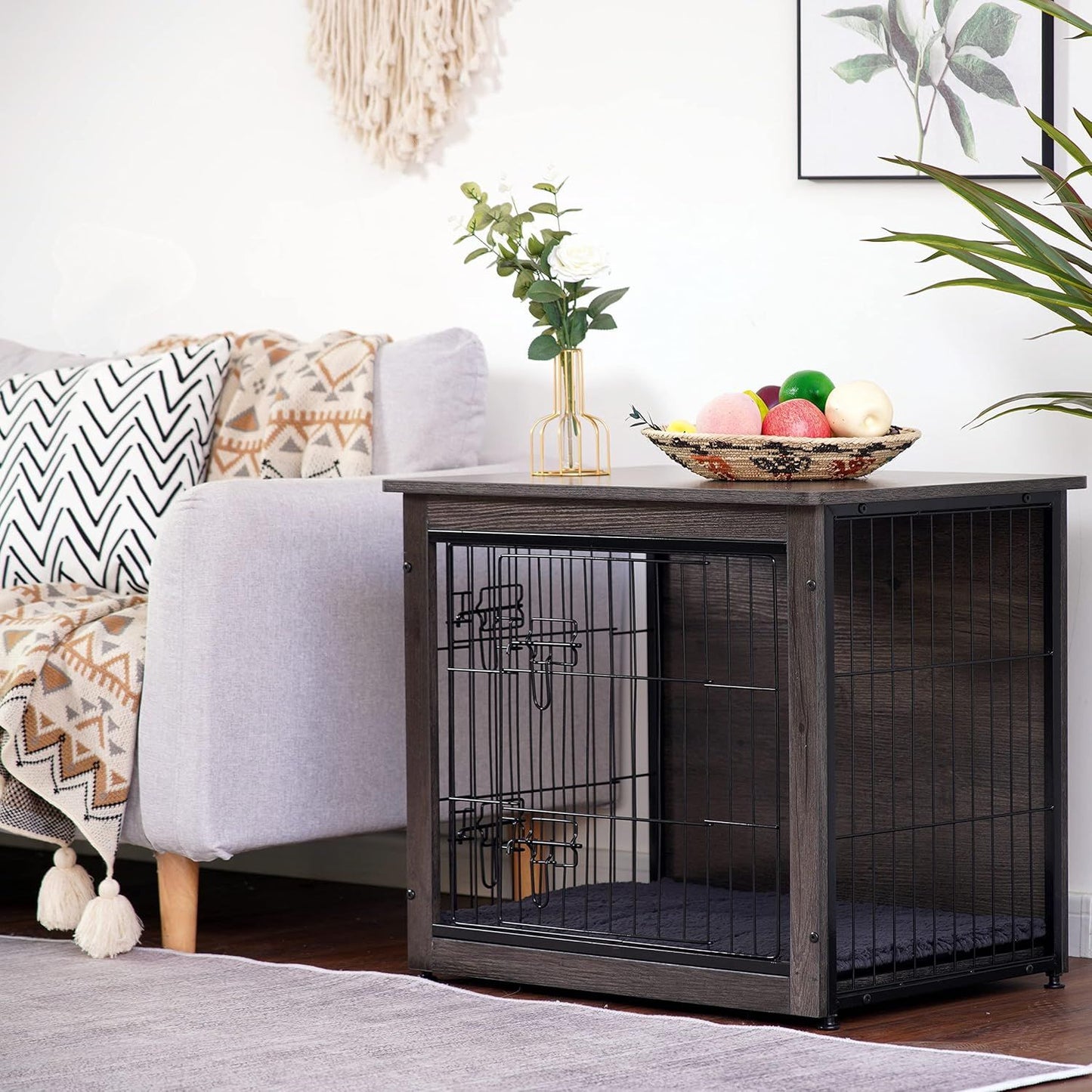 Móvel Canil para Cães com Almofada, Mesa Canil de Madeira, Portas Duplas, Casinha de Cachorro Interna, Pequeno a GG, 69,08 cm C, Cinza Escuro