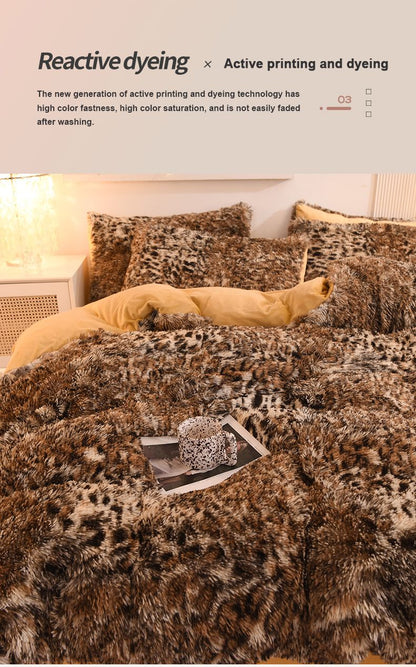 3pcs Luxurious Leopard Print Faux Fur Plush Duvet Cover Set - Ultra-Soft, Warm, and Fluffy Shaggy Design with Zipper Closure - I