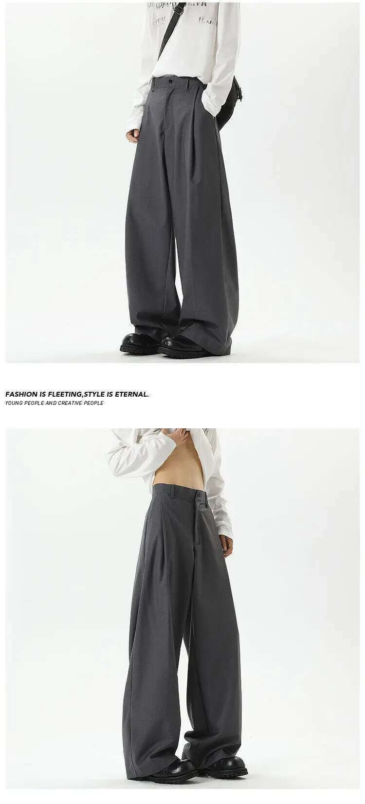 IEFB American Style Men's Suit Trousers Pleated Design Wide Leg Solid Color Button Casual Bottom Straight New Male Pants 9W766
