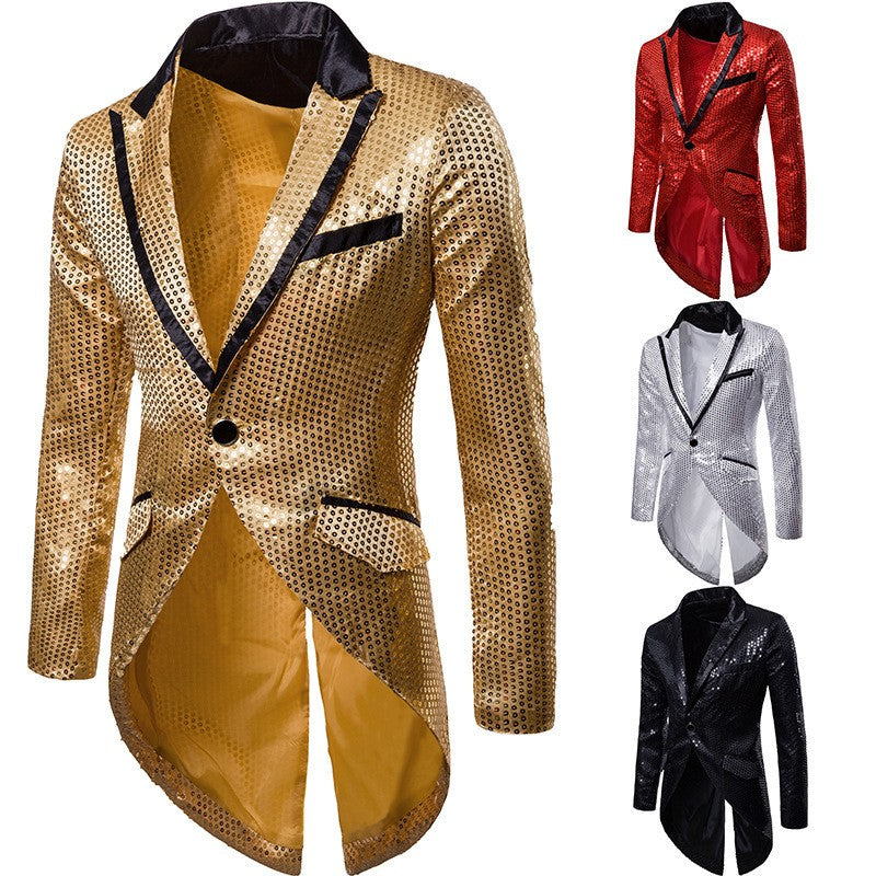 Gold Men's V-Neck Long Sleeve Tuxedo, TV Performance Magic Long Jacket Shiny Sequin Decoration Red Blue Black Blazer S-XXL