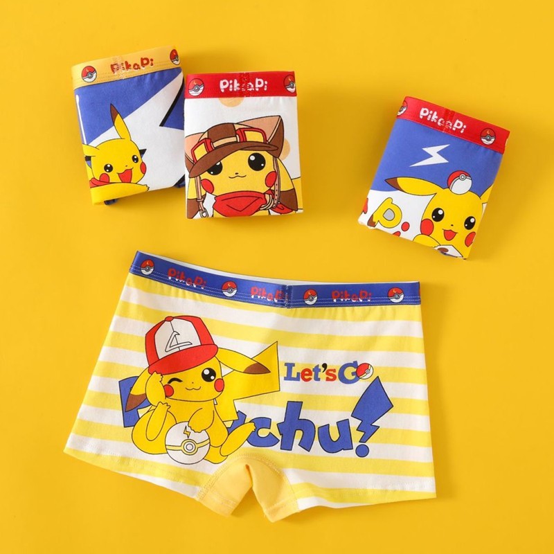 Cueca Boxer Infantil 4 Peças Pokémon para Meninos Algodão Anime U Pouch Bulge Roupa Íntima Desenho Animado Shorts Infantis Fofos Respiráveis Calças Boxer 2-12 Anos