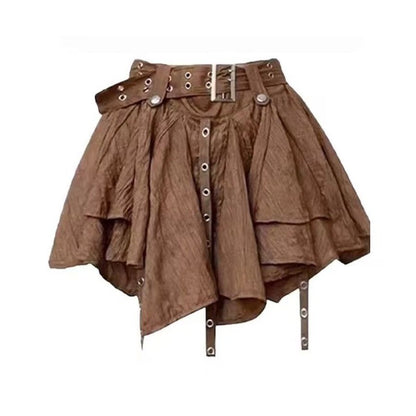 High Street Fashion Brand Brown Gothic Harajuku Fashion Skirt Retro Striped Casual Loose Streetwear Pleated Short Skirt Women