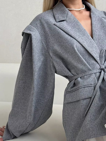 Lace Up Shoulder Pad Blazer Coat Women Elegant Turn-down Collar Long Sleeve Pockets Slim Fit Coats Chic Ladies Commute Outerwear