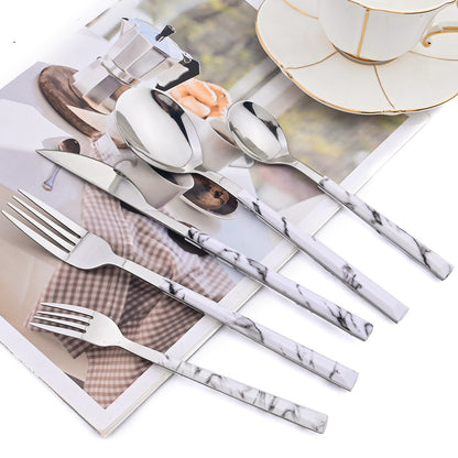 Conjunto de Talheres 30 Peças Aço Inoxidável Imitação Mármore Garfo Colher Faca Jantar Cozinha Louça Utensílios de Mesa Conjunto