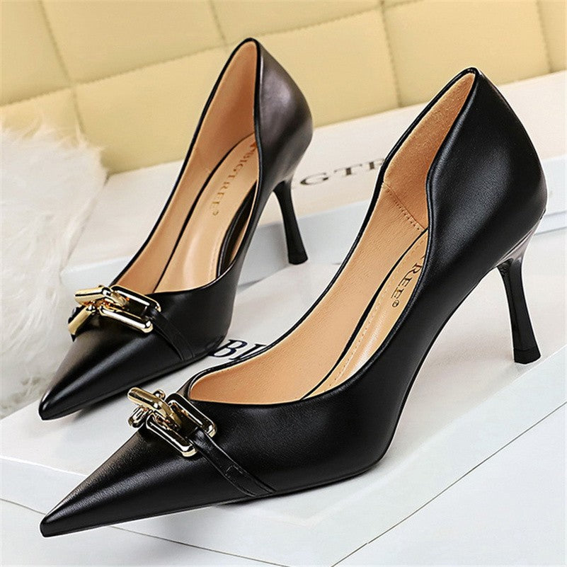 Women 7cm High Heels Pumps Lady Scarpins Fetish Nightclub Blue Nude Low Heels Wedding Party Metal Chain Buckle Fetish Prom Shoes