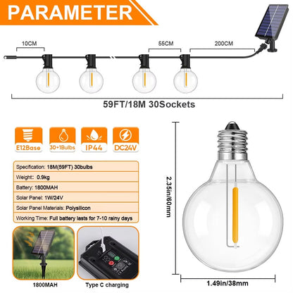 G40 Outdoor Solar String Light Garland LED Solar String Lights 24V Globe Waterproof Hanging Lights for Garden Backyard Cafe