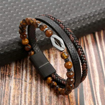Pulseira de Couro Jiayiqi Masculina Punk Hip Hop Metal Charm Contas Olho de Tigre Pulseira Multicamadas para Homens Joia da Moda Presente