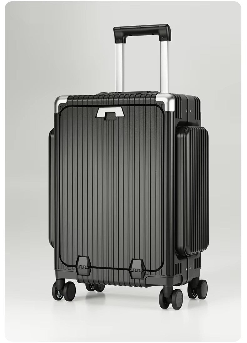 Tri-Zone Access Opening Suitcase Aluminum Frame PC Material Travel Case with Spinner Wheels Cup Holder TSA Lock Rolling Luggage