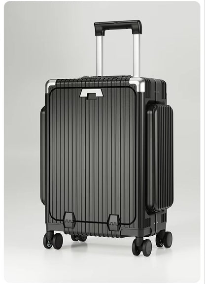 Tri-Zone Access Opening Suitcase Aluminum Frame PC Material Travel Case with Spinner Wheels Cup Holder TSA Lock Rolling Luggage
