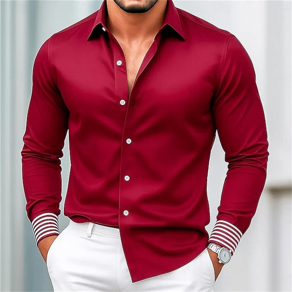Fashionable men's long sleeved shirt with slim fit collar button solid color casual party plus size men's shirt