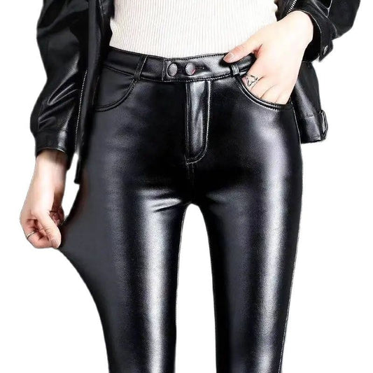 PU Leather Pants for Women Leggings Pencil Pants with Thermal Lining Female High-Waisted Stretchy Slim Fit Autumn Winter Black