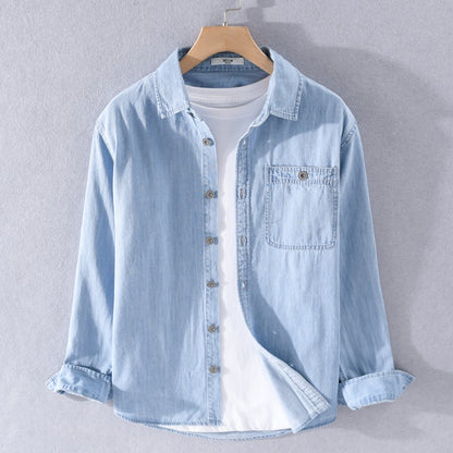 Spring Japanese Sle Loose Casual Long Sve Men's Denim irt Vintage Simple Outerwear Youth Faion Stand Fit Button up
