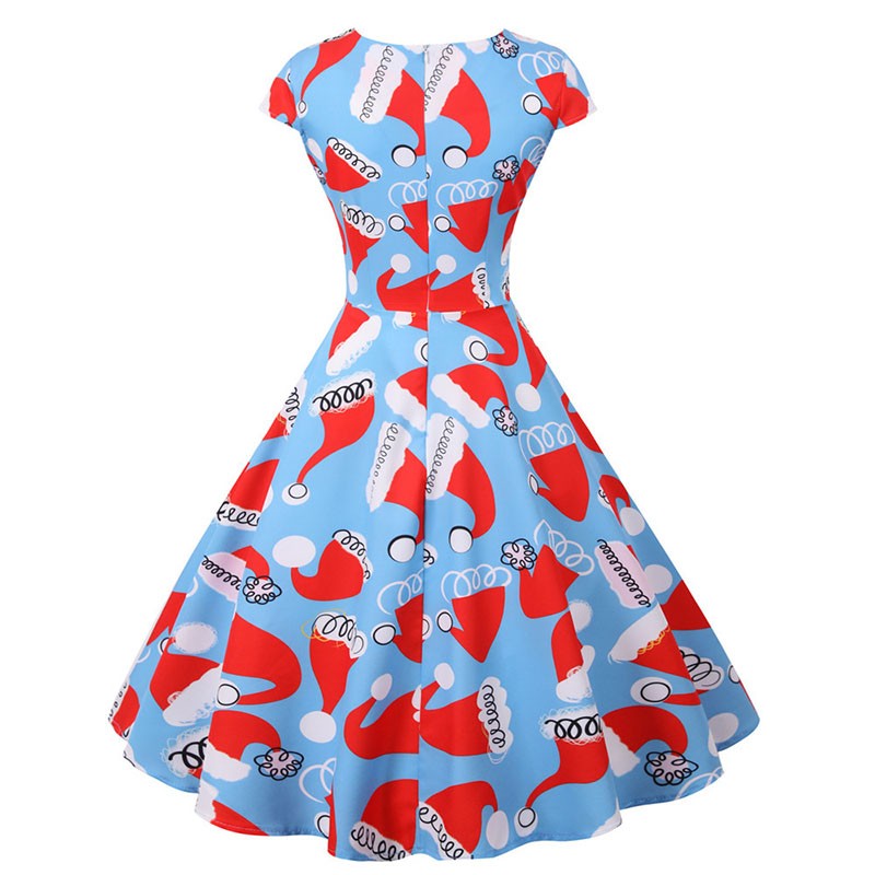 Fashion V-neck Short Sleeve Printed Christmas Dress Large Swing Vintage Elegant Xmas Party Dress