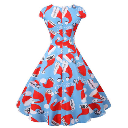 Fashion V-neck Short Sleeve Printed Christmas Dress Large Swing Vintage Elegant Xmas Party Dress