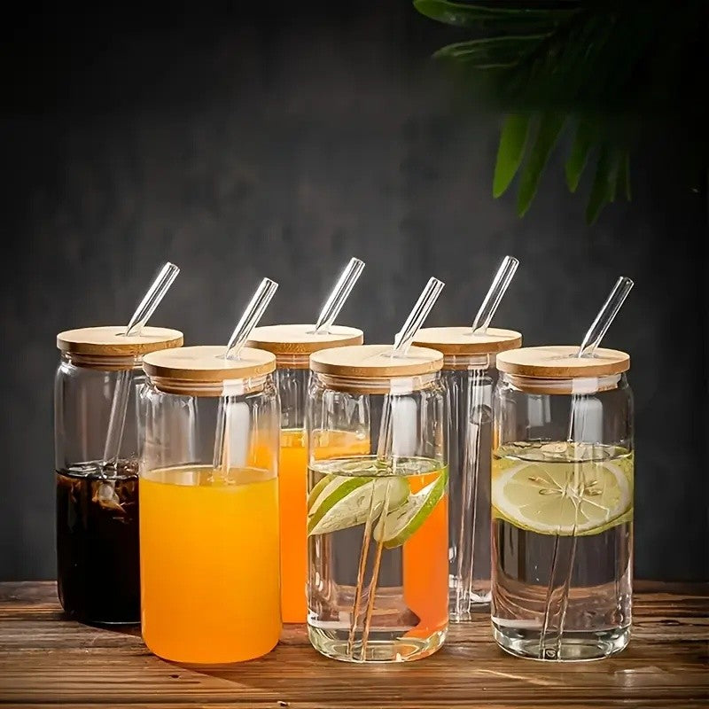 6 Copos de Vidro de 550ml com Tampa de Bambu e Canudo de Vidro - Copos para Cerveja, Café Gelado, Copos Estéticos Fofos Ótima