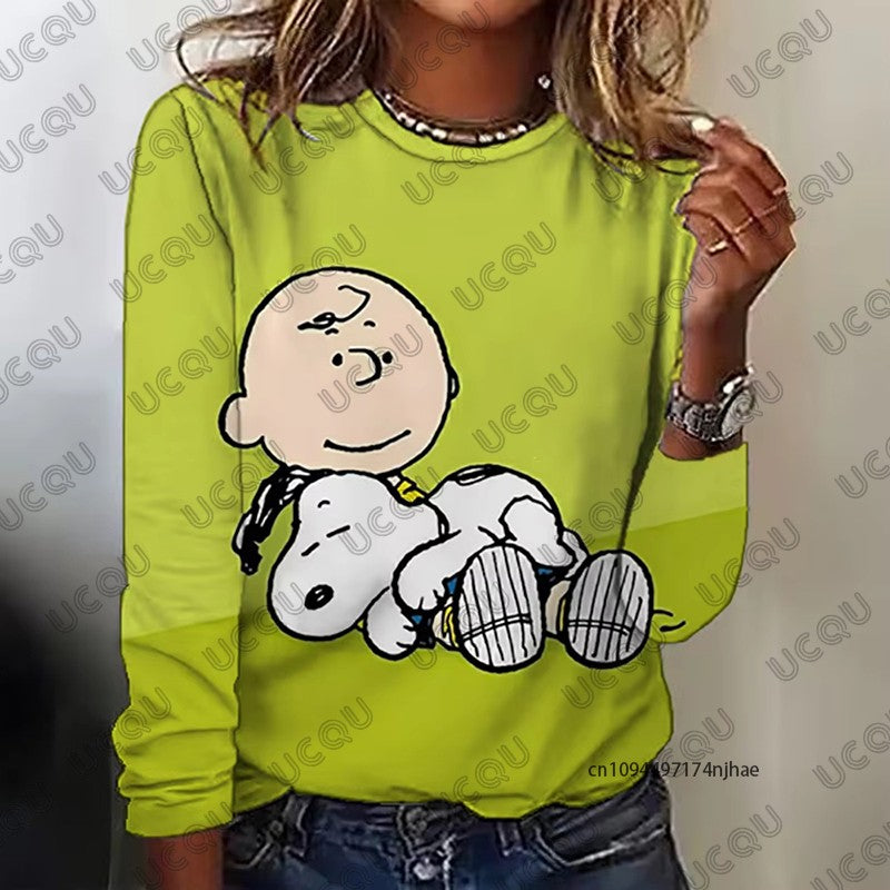 Autumn Winter New Cartoon Snoopy Print Women's Long Sleeve T-shirt Fashion O-neck Tees Casual Sweatshirt Oversize Female Clothes