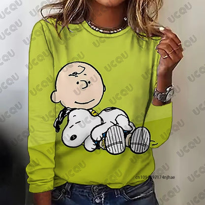 Autumn Winter New Cartoon Snoopy Print Women's Long Sleeve T-shirt Fashion O-neck Tees Casual Sweatshirt Oversize Female Clothes