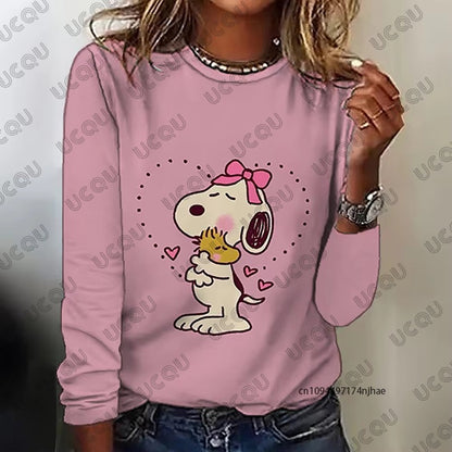 Autumn Winter New Cartoon Snoopy Print Women's Long Sleeve T-shirt Fashion O-neck Tees Casual Sweatshirt Oversize Female Clothes