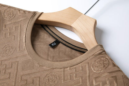 2024 Summer Ice Silk Men's Jacquard Short Sleeve T-shirt High end Brand Fashion Jacquard Cool Breathable Casual Round Neck Top