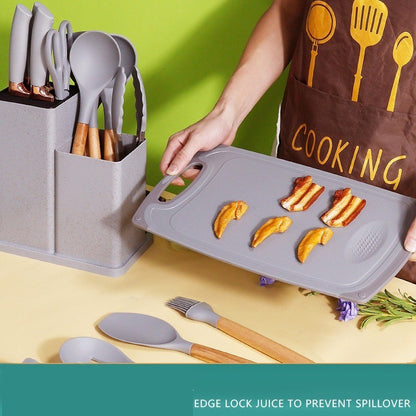 Conjunto de utensílios de cozinha de silicone, 19 peças com cabo de madeira, espátula, panela antiaderente e balde de armazenamento de facas multiuso integrado