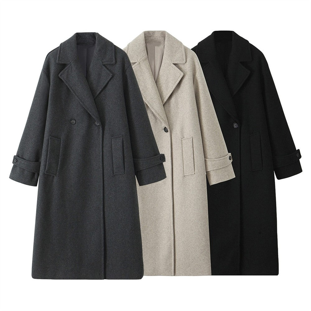 PB&ZA2024 Winter New Women's Fashion Simple Loose Warm Collar Soft Long Double breasted Woolen Coat Coat
