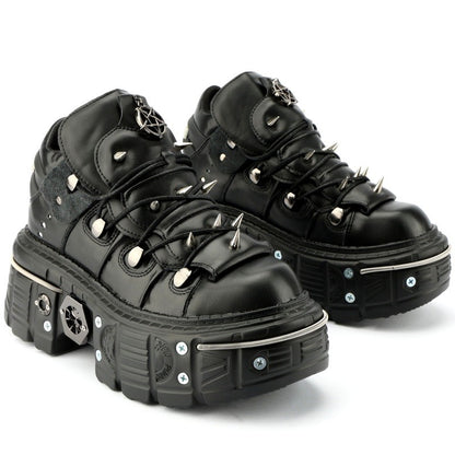 Casual Female Runway Shoes Platform Metal Toe Chunky Sneakers Women Gothic Punk Style Sneakers Rock Design Black Walking Shoes