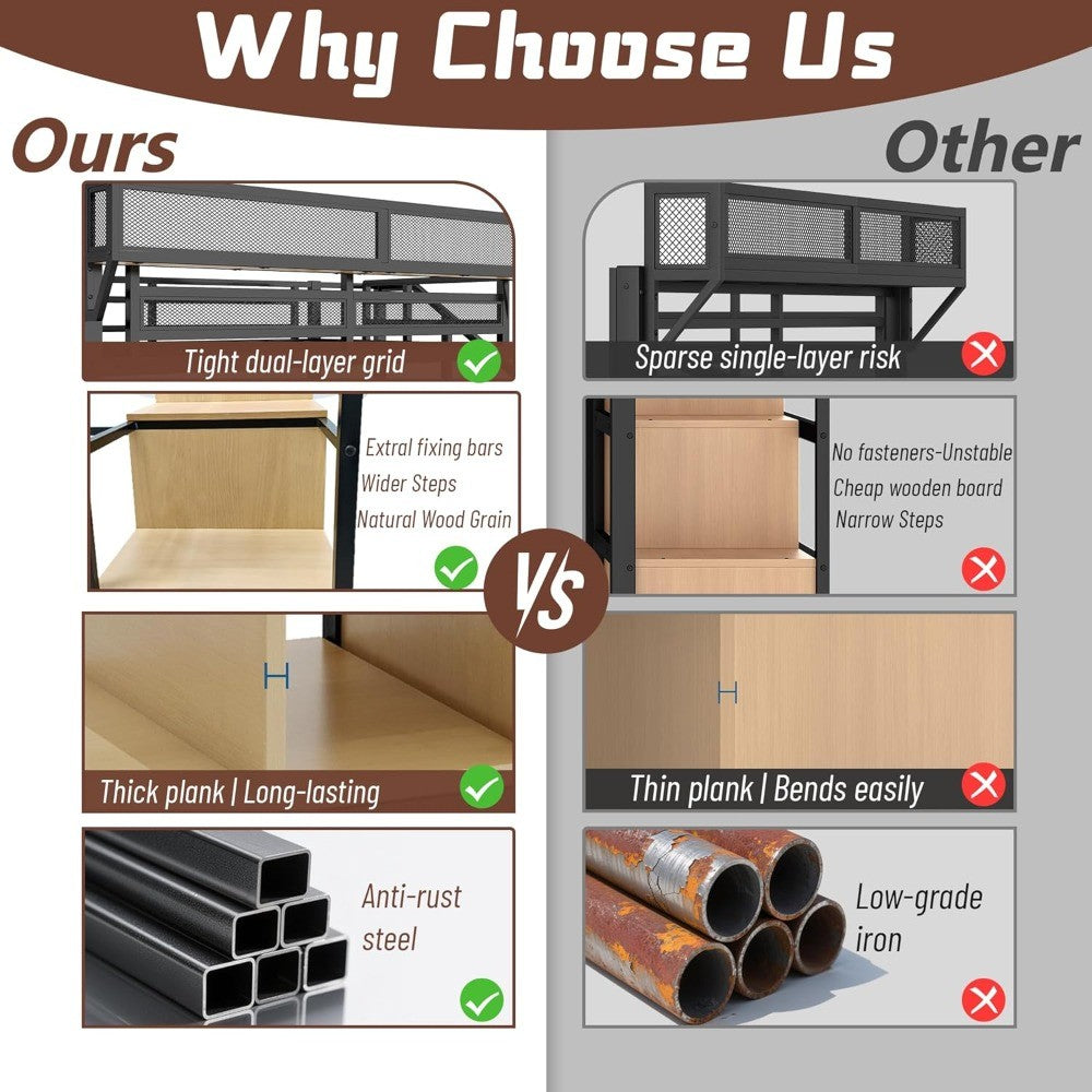 Size Loft Bed with Stairs and Storage, Metal Loft Bed Frame with Bedside Shelf and Large Under-Bed Space, Heavy-Duty Bed