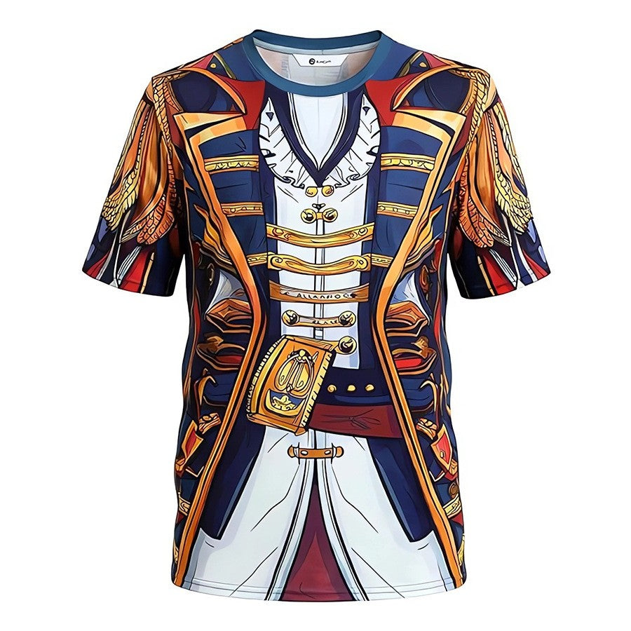 Men Medieval 3D Printed Pirate Costume T Shirt Short Sleeve Crew Neck Halloween Cosplay Vintage Captain Tops Male Holiday Appare
