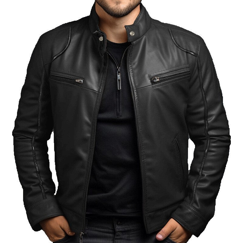 New Men's Business Leather Jacket for Autumn and Winter, Fashionable Stand Up Collar Casual Leather Jacket for Men