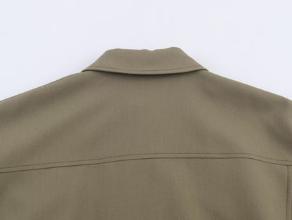 HH Woman Autumn Pleat Hem Pilot Jacket Solid Turn-Down Collar Zipper Single-Breasted Woman Fashion Long-Sleeved Pockets Coat