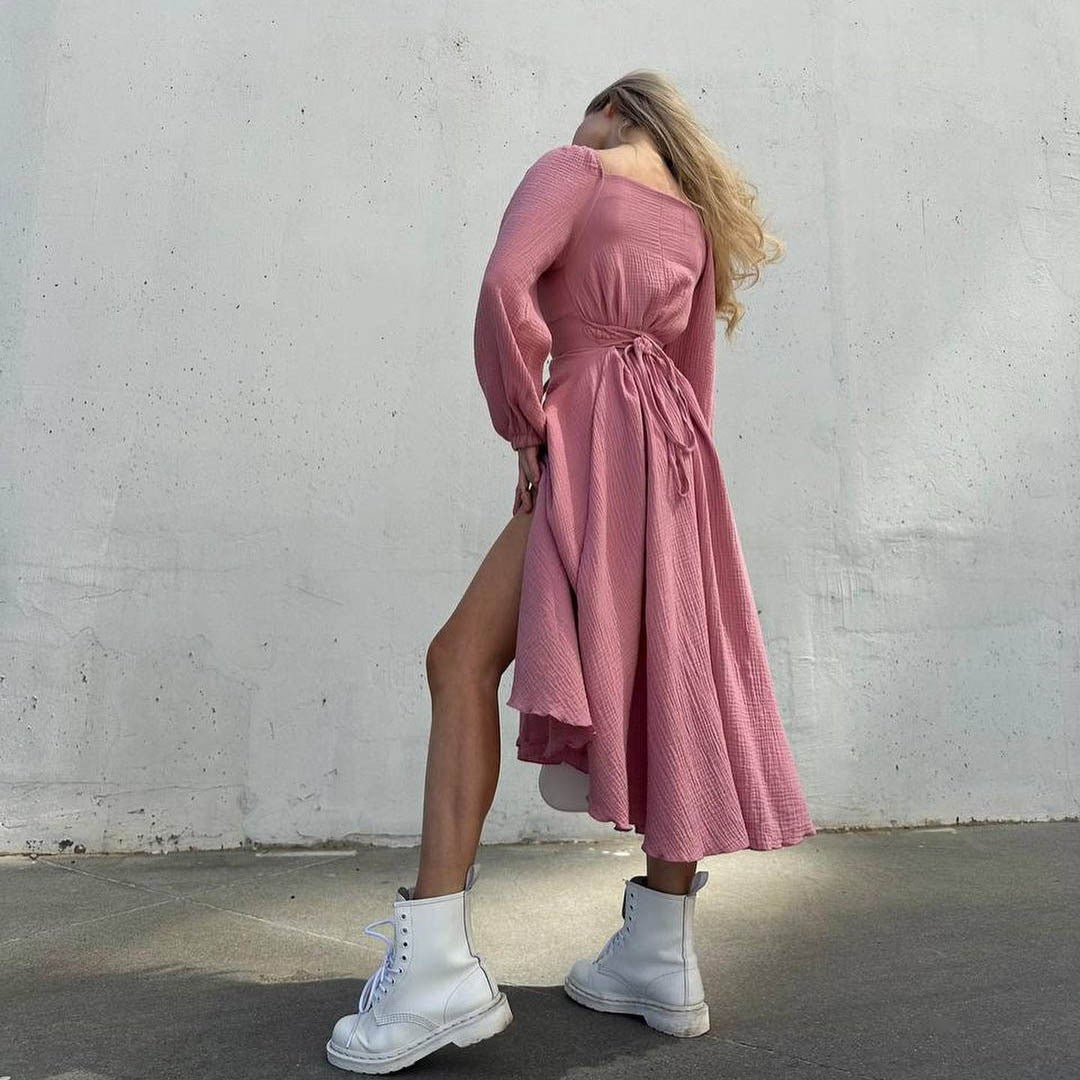 Lace-up Square Collar Sexy Dress Women Autumn Lantern Sleeve Solid Cotton Slit R