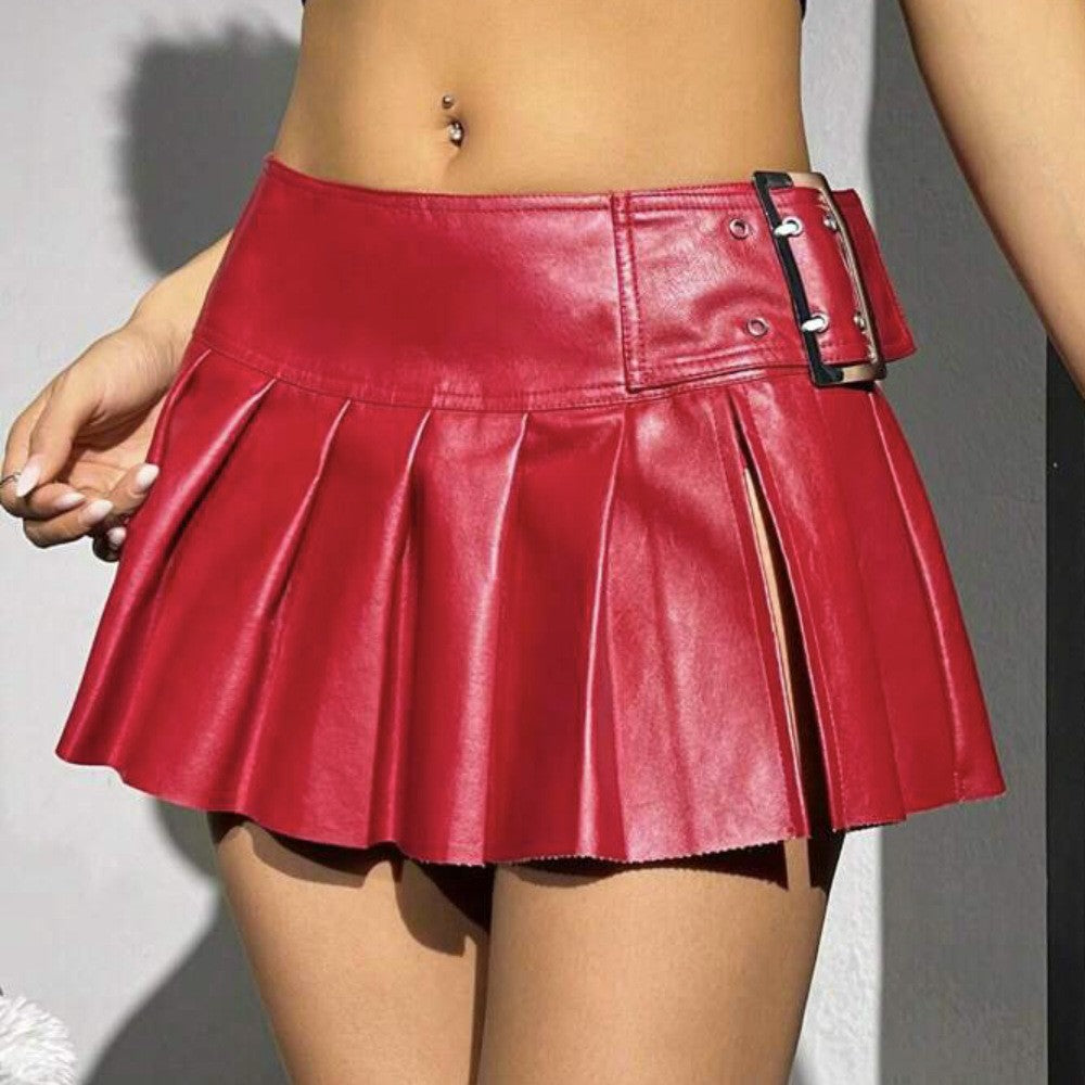 Sexy Hot Girls Silver Leather Mini Pleated Skirt Club Party Street Style Buckle Belt Mini Short Skirt 2025 Summer Latest