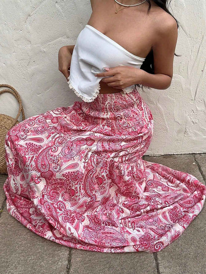 Vacation Style Stretchy Waist Long Maxi Skirt - Flowy Beach Skirt with Elastic Waistband