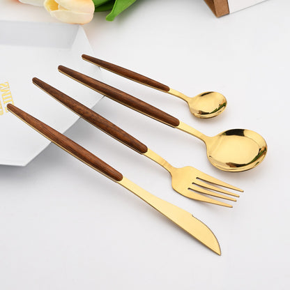 Drmfiy 24 Peças Talheres Marrons Prateados de Aço Inoxidável Imitação Cabo de Madeira Prateado Faca Colher Garfo Conjunto de Talheres Utensílios de Mesa
